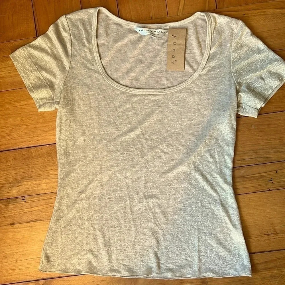 Trina Turk Womens Gold Glitter Top T-Shirt Tee Golden Metallic Sparkle Beige M